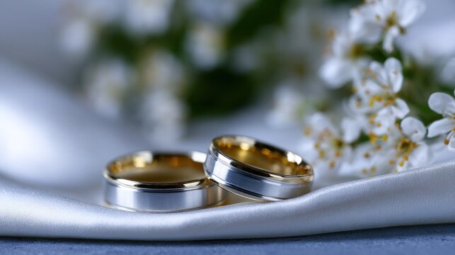 Two interlocked rings on silk fabric beside delicate white flowers, capturing elegance and commitment