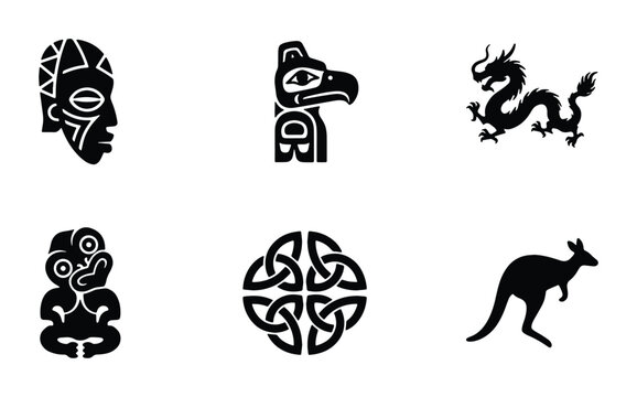 Tribal Masks, Totem Pole, Dragon, Maori Hei Tiki, Celtic Knot, Kangaroo Icons: Cultural Symbols Vector Set
