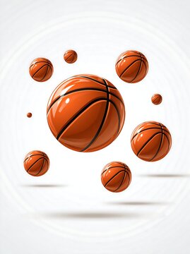 Vertical digital graphic of multiple basketballs of varying sizes floating and bouncing on a clean white background
