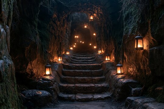 Mysterious ancient stone stairs winding deep inside a dark rocky cave illuminated by glowing vintage lanterns
