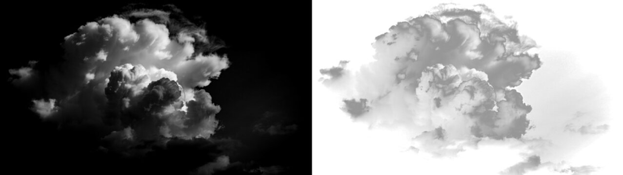 Dramatic cumulus cloud formation isolated on transparent background, high resolution fluffy cloud texture for digital compositing and sky replacement