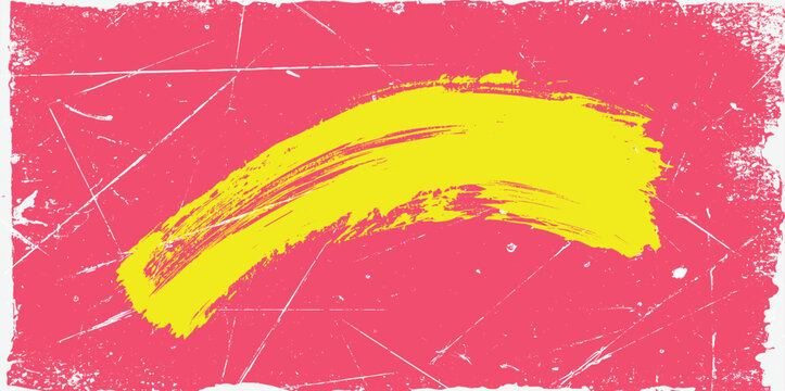 Vibrant yellow brush stroke across a distressed pink background, with white scratches, and speckles abstract