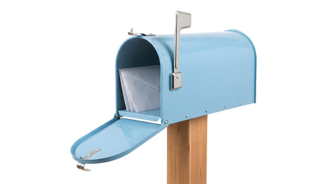 Blue metal mailbox with open front, raised flag, visible envelopes and wooden support post against a white or transparent background