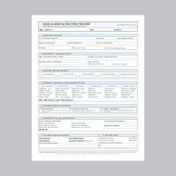Medical Food Allergy Reaction Tracker Log Sheet Printable Vector Illustration.
