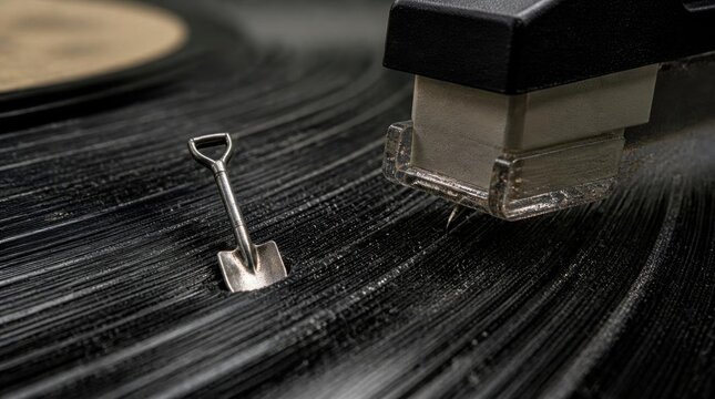 Macro view of a miniature shovel resting on the grooves of a black vinyl record, next to the stylus of a record player. Playful music concept.