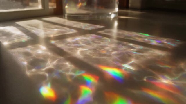 Rainbow Prism Refraction and Shimmering Caustics on Floor from Window Sunlight