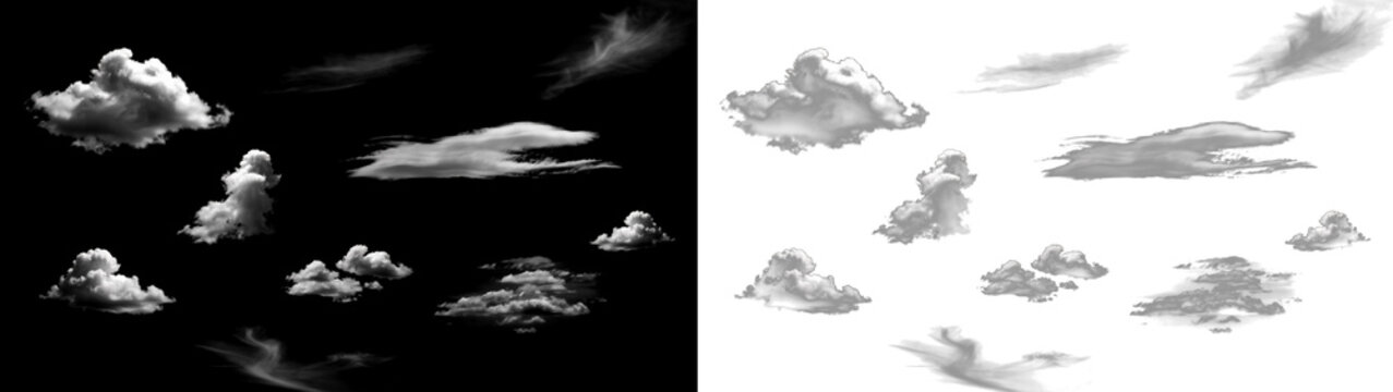 Collection of various realistic white clouds isolated on transparent background, set of different cloud shapes for sky compositing and digital design elements