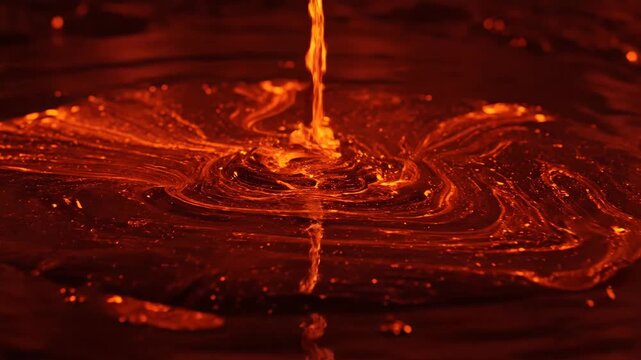 Molten lava flows into a pool creating a fiery texture with swirling patterns and bright highlights