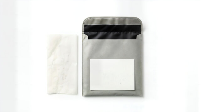 Gray padded shipping envelope with white label next to bubble wrap sheet