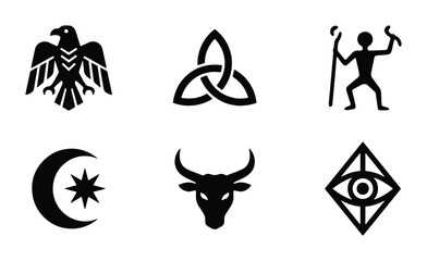 Fototapeta premium Mystical Symbols Collection: Eagle, Trinity Knot, Shaman, Crescent Moon, Bull, All-Seeing Eye Icons