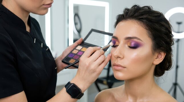 Professional makeup artist applying eye shadow on client