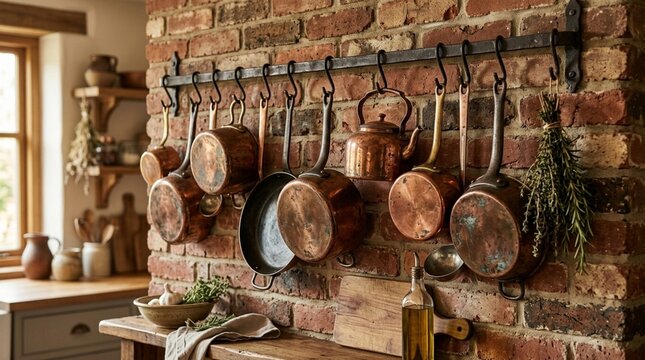 Rustic Kitchen Copper Pots Hanging on Brick Wall - Vintage Cooking Utensils
