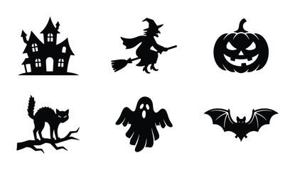 Fototapeta premium Halloween Icons Set: Spooky Black Silhouettes of Haunted House, Witch, Pumpkin, Cat, Ghost, Bat
