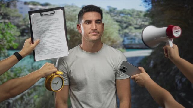 Man with hands covering face amid people holding clipboard, alarm clock, smartphone and megaphone in forest; stress pressure.