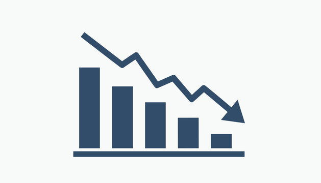 Simple bar chart with a downward trend arrow, representing a decline in performance, business loss, or economic decrease.