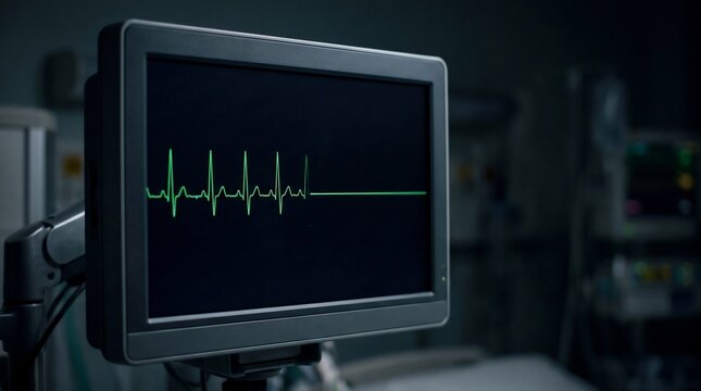 Medical Heart Rate Monitor Screen Displaying Flatline Cardiac Arrest Death Concept