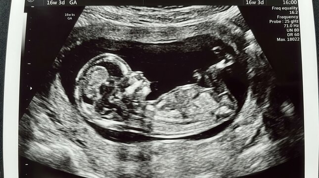 Detailed Ultrasound Image of a Human Fetus at 16 Weeks Gestation, Showing Profile and Development