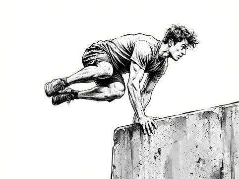 A dynamic black and white illustration of a young man performing a parkour vault over a concrete wall.