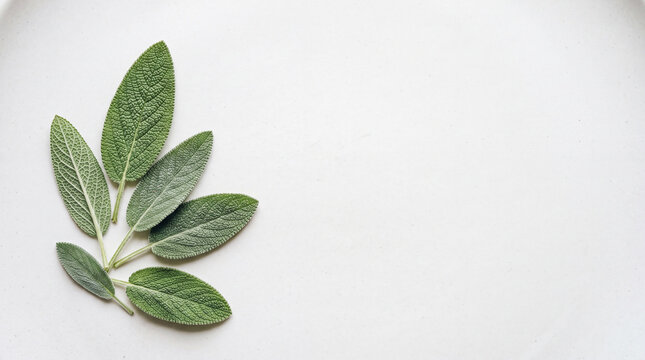 Fresh green sage leaves arranged on white background top view