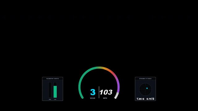 Professional broadcast-quality motorsport telemetry HUD displaying speed in MPH (Miles Per Hour). Features live throttle and brake pedal inputs, RPM LED arc, gear indicator, and dynamic G-Force crossh