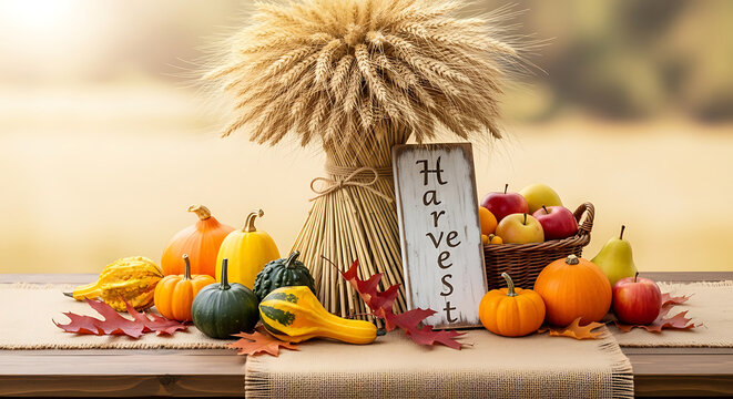 Autumn harvest display with pumpkins gourds and wheat sheaf on a wooden table outdoors with rustic arrangement fresh pumpkins