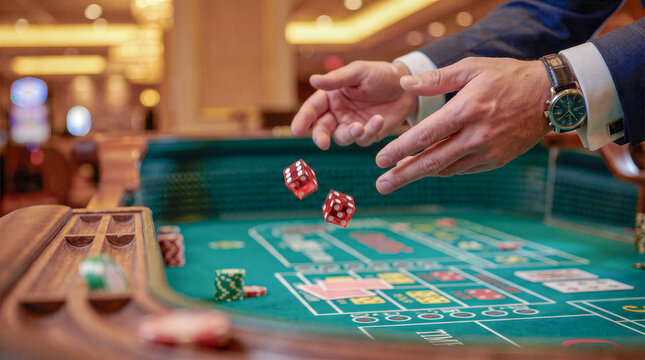 Player throwing dice on a craps table green felt layout