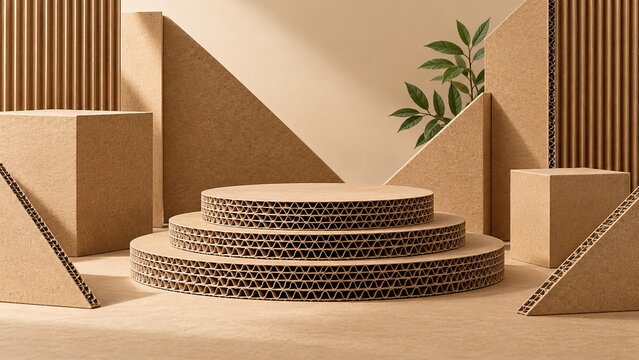 Cardboard Product Podium Constructed from Layered Corrugated Sheets
