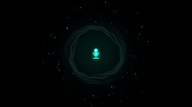 AI Voice Assistant Icon Animation, Glowing Cyan Microphone with Holographic Energy Sphere and Sound Wave Rings, Futuristic Voice Recognition Technology Background