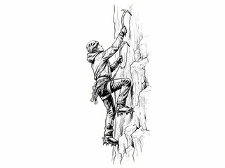 Fototapeta premium A detailed black and white sketch of a mountain climber scaling a steep rock face.