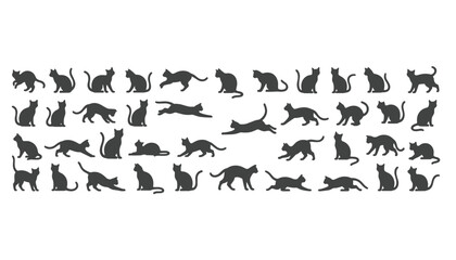 Fototapeta premium Extensive silhouette collection of cats in various poses and activities, perfect for pet-themed designs, animal art, and patterns.