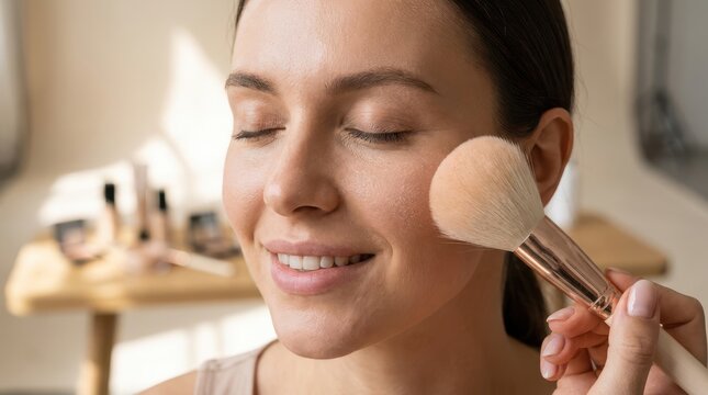 Woman applying makeup with beauty brush close up portrait