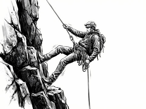 A black and white ink illustration of a rock climber rappelling down a steep cliff face.