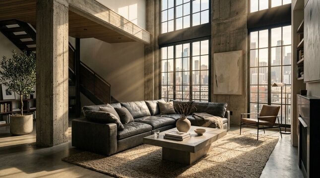 Modern loft living room with concrete walls, large windows, and sectional sofa.