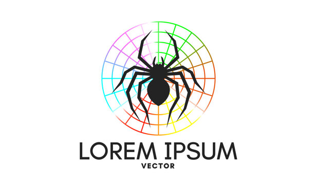 Vector logo or emblem. Stylized, iridescent rainbow spiderweb and graphic black venomous spider. Round label. Silhouette of arthropod. Isolated background