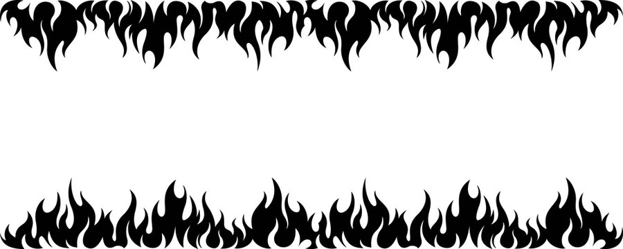 Black flame borders top and bottom silhouettes vector illustration set on transparent background.