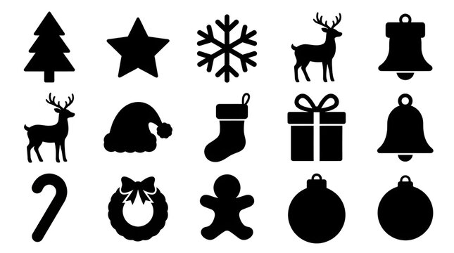 A black silhouette grouping of classic christmas icons like trees reindeer ornaments and other traditional holiday decorative elements is shown
