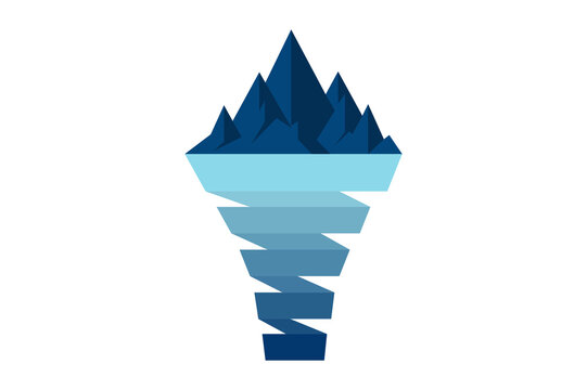 Abstract iceberg diagram with dark blue mountain peaks and graduated levels for data flow on transparent background.
