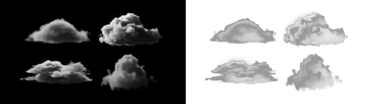 Set of realistic fluffy clouds isolated on transparent background, collection of different cloud shapes for sky compositing and digital art design elements