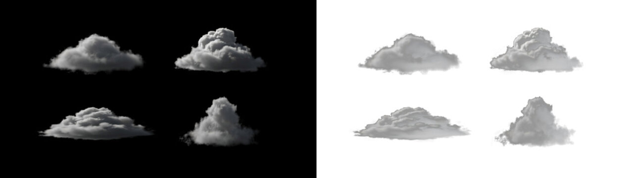 Set of realistic 3d clouds isolated on transparent background, fluffy cumulus cloud collection for sky compositing, digital weather elements for design