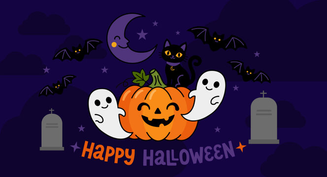 Cute Happy Halloween Illustration with Pumpkin, Ghosts, Black Cat and Bats