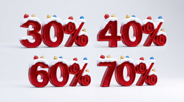 3D red discount numbers 30 40 60 70 percent covered with white snow and decorated with colorful Christmas baubles isolated on a white background
