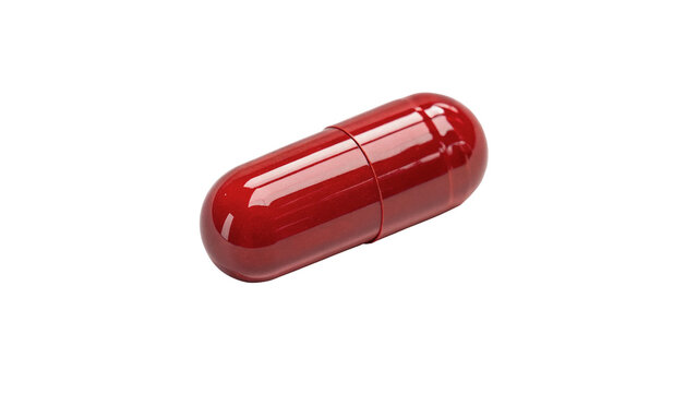 Single red medical capsule pill pharmaceutical product isolated on transparent background