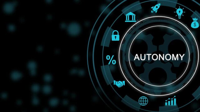 Digital autonomy concept featuring animated hud interface with rotating gears and business for corporate strategy, artificial intelligence, industrial automation, and modern technological innovation