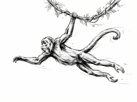 A detailed charcoal sketch of a monkey swinging from a jungle vine.