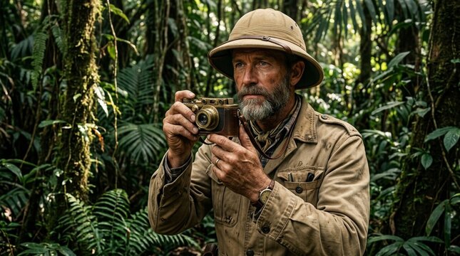 Adventurer Photographer Capturing Jungle Wildlife with Vintage Camera