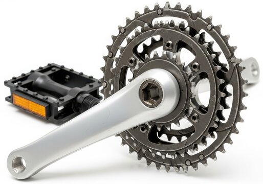Close-up of bicycle cassette and derailleur isolated on white background