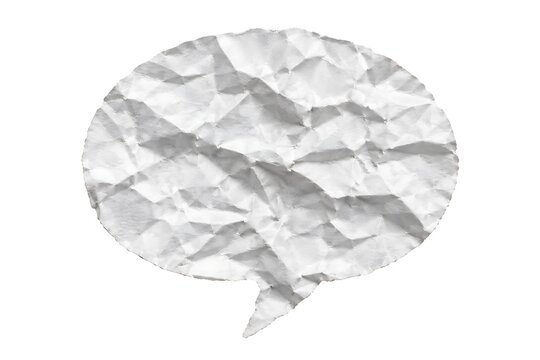 Crumpled white paper speech bubble cutout isolated on a clean white background with copy space