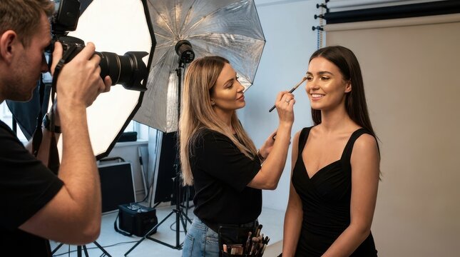 Professional makeup artist preparing model for studio photo shoot