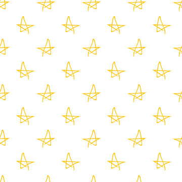 Seamless repeating pattern of playful hand-drawn yellow stars on white background. Whimsical decorative design perfect for wallpapers, textiles, wrapping paper, and creative projects