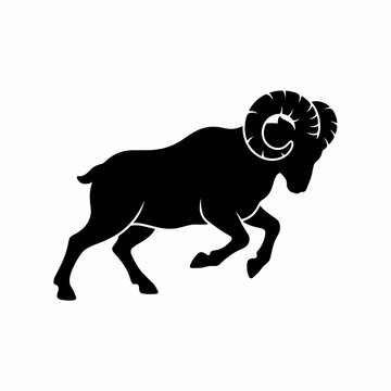 Powerful bighorn sheep ram silhouette icon with large curved horns, isolated on a white background. Professional vector illustration for sports logos, wildlife branding, and Aries zodiac design.